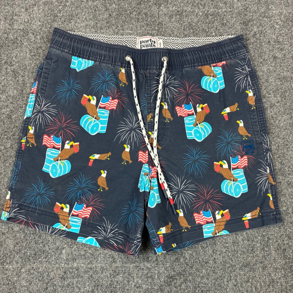 Party Pants Mens Size Small Navy Patriotic Eagle Fireworks Keg AOP Print Shorts